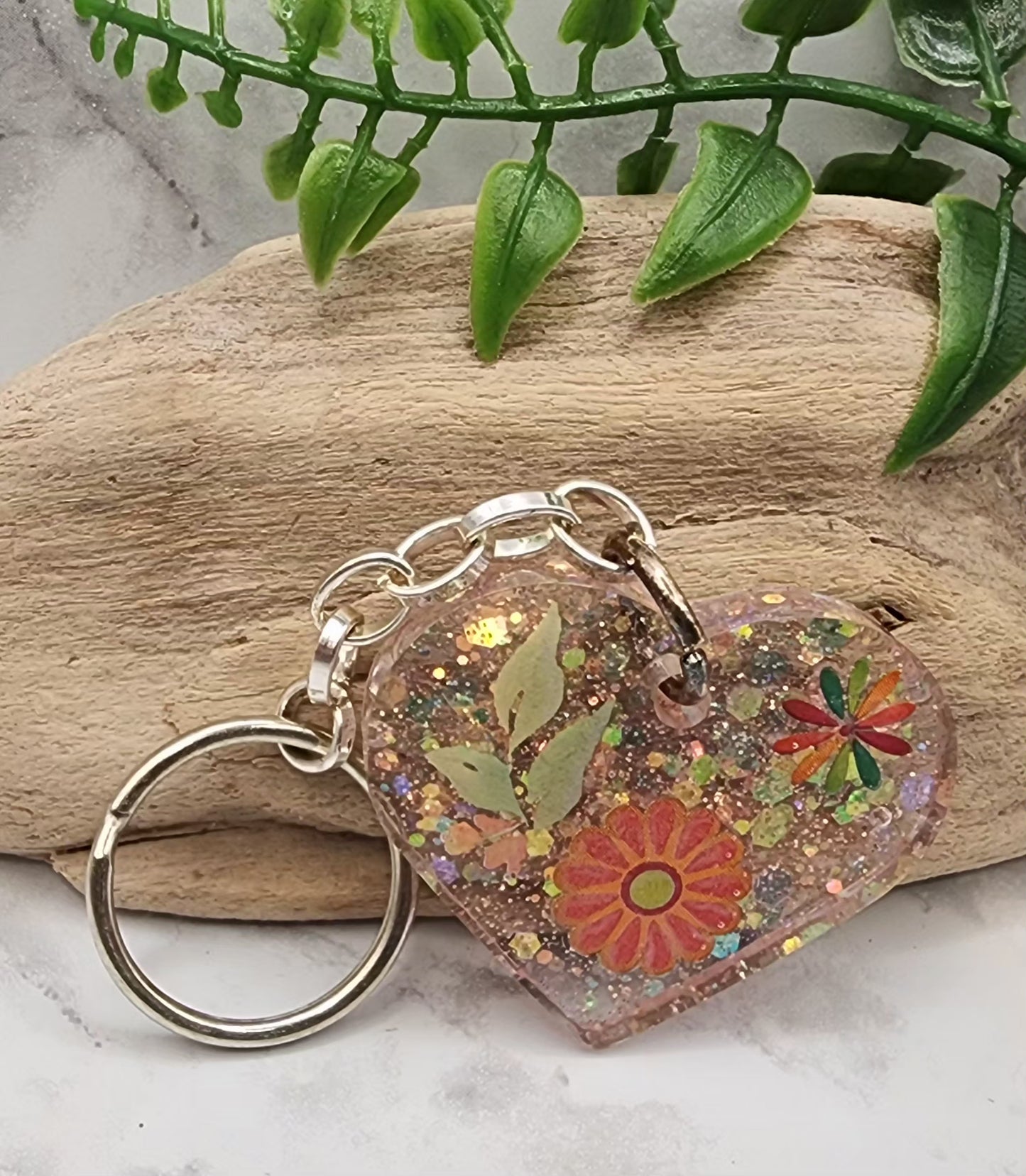 Shimmery Floral Heart Shaped Keychain