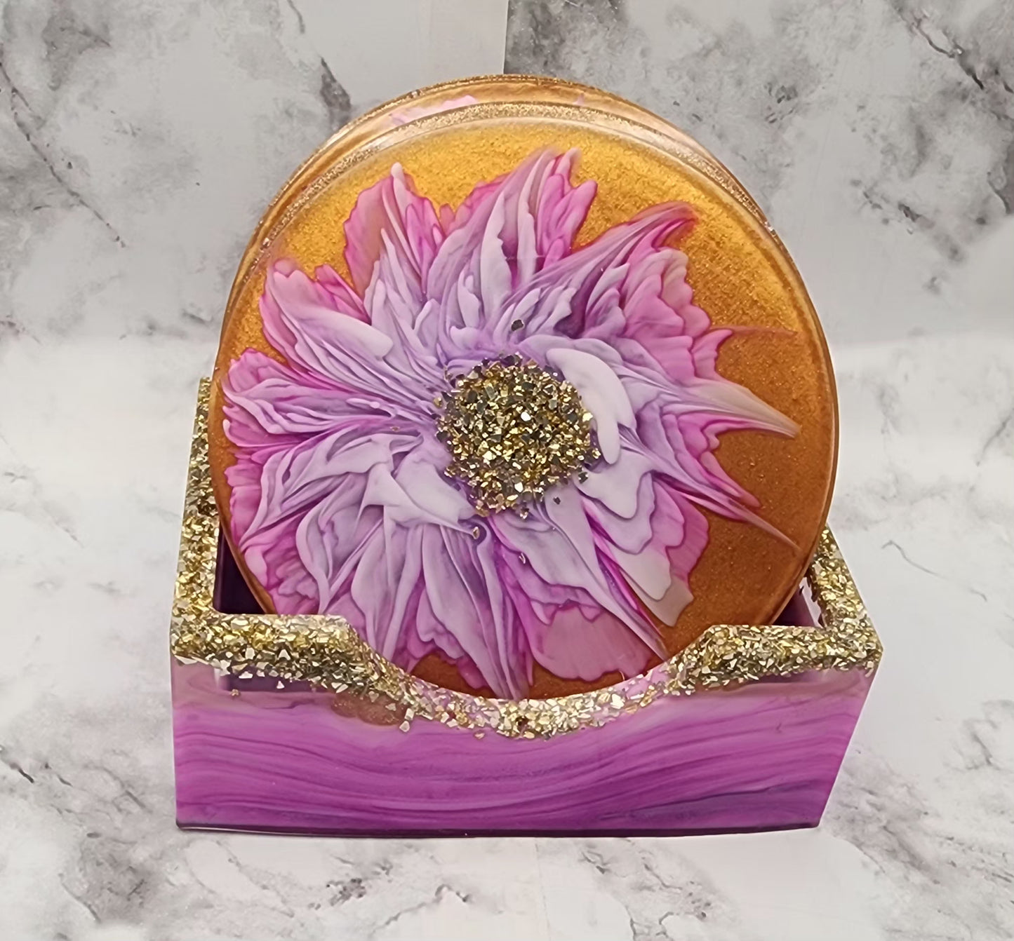 Pink/Gold Flower Resin Coaster Set