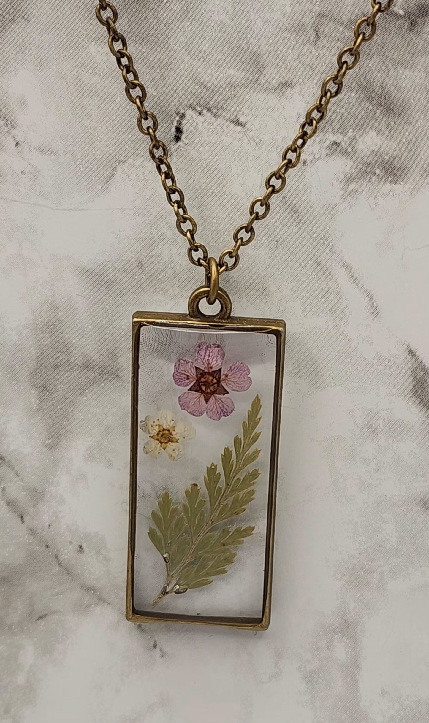 Dried Pressed Flower Resin Necklace in a Vintage Bronze Bezel