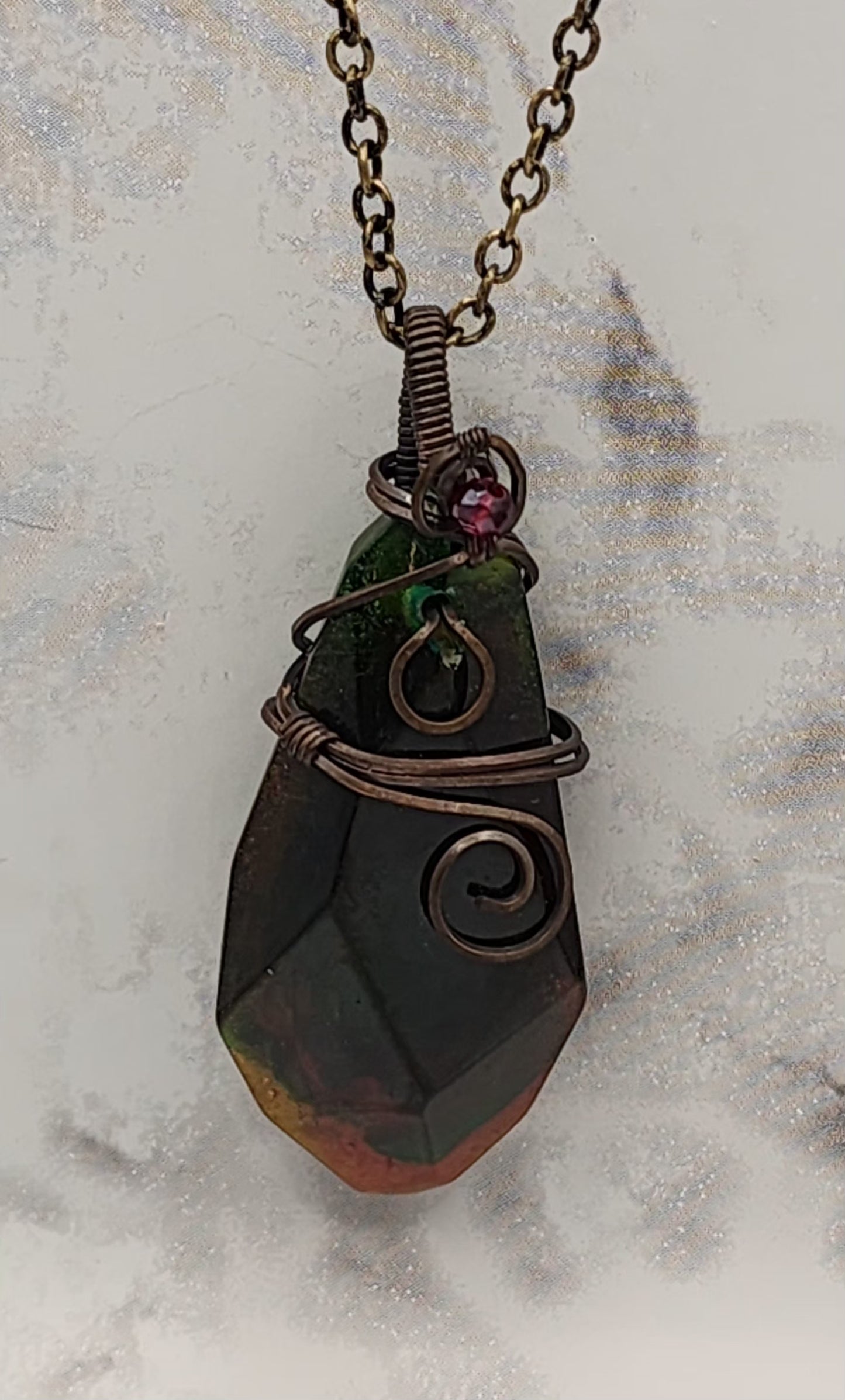 Emerald Essence Crystal Vintage Bronze Wire Wrapped Necklace