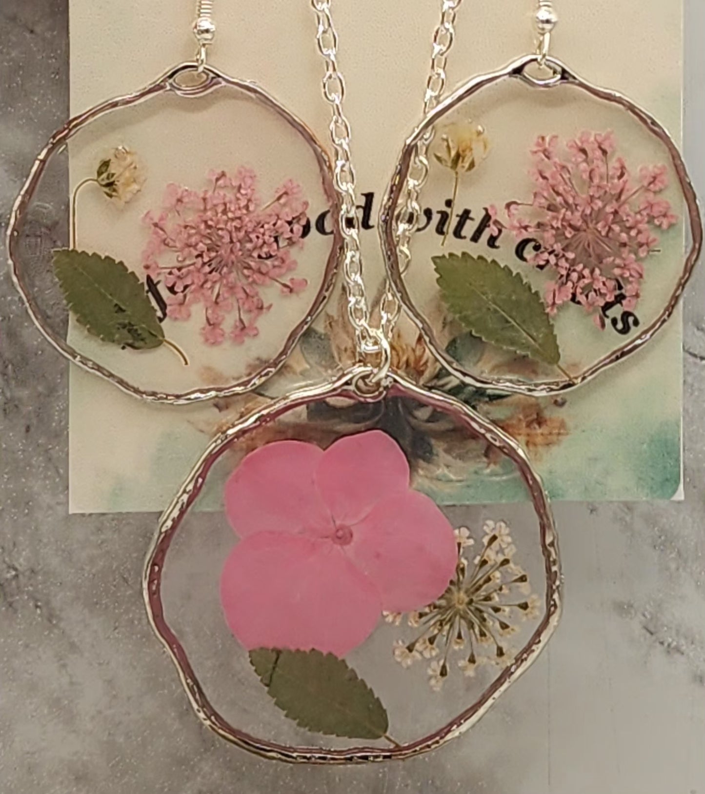 Dried Pressed Pink Flower Resin Earrings and Necklace Set