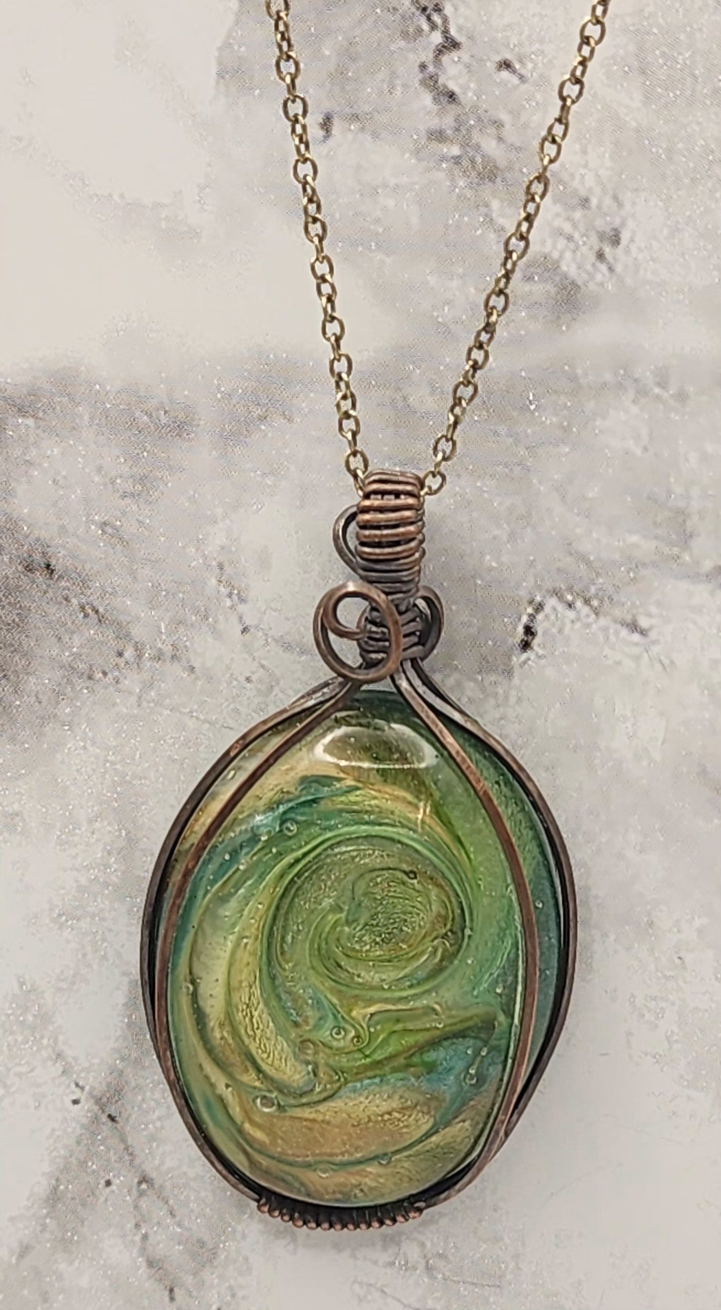 Marbled Moss Vintage Bronze Wire Wrapped Necklace
