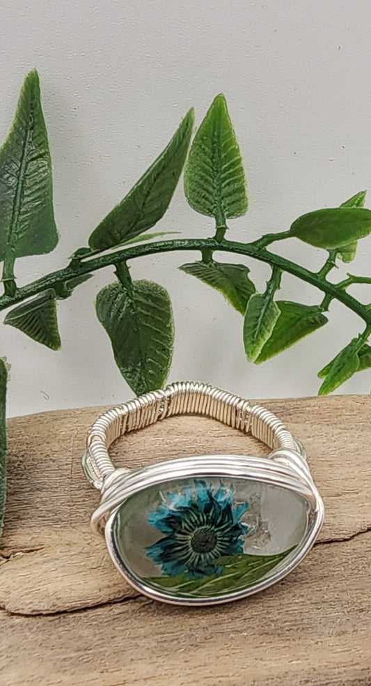 Vine and Teal Daisy Ring- Silver wire wrapped