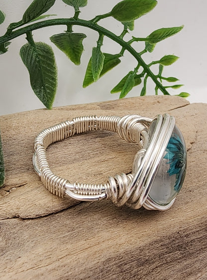 Vine and Teal Daisy Ring- Silver wire wrapped