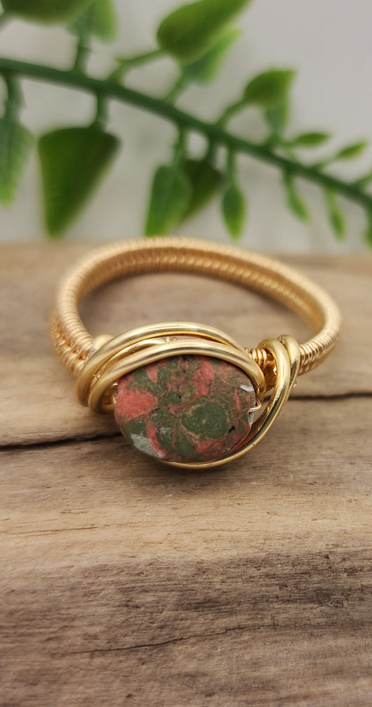 Unakite gold wire wrapped ring