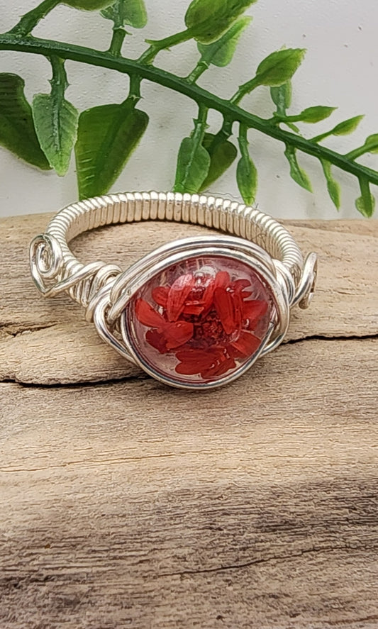 Red Baby Breath Ring- Silver wire wrapped