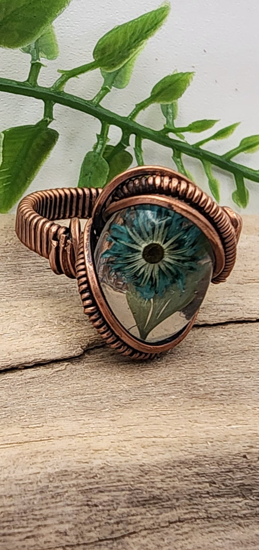 Teal Daisy Ring- Vintage Bronze wire wrapped