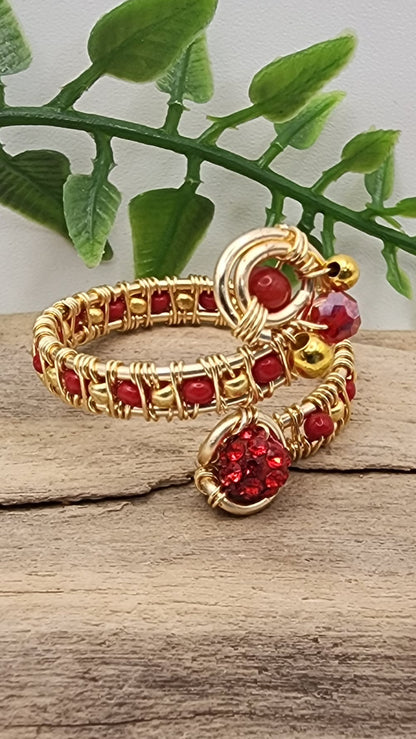 Fiery Red Beaded Adjustable Wire-Wrapped Ring – Gold Wire