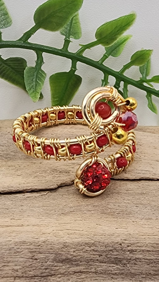 Fiery Red Beaded Adjustable Wire-Wrapped Ring – Gold Wire