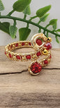 Fiery Red Beaded Adjustable Wire-Wrapped Ring – Gold Wire