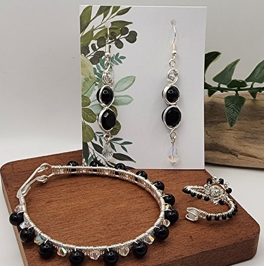 Obsidian Crystal Eclipse – Silver Wire Wrapped Jewelry Set