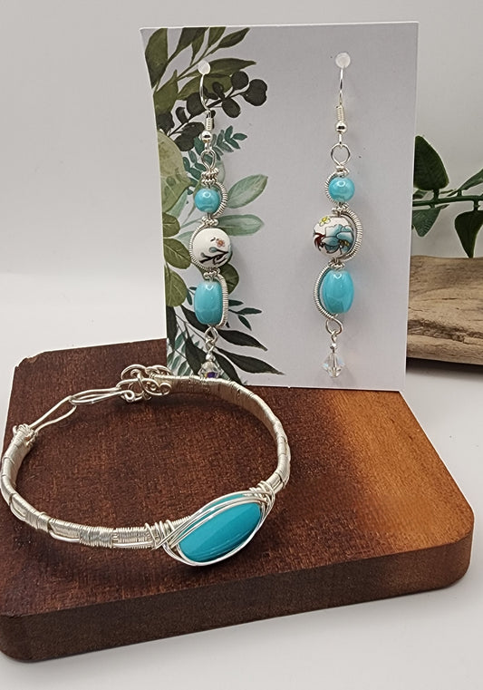 Silver Wire Wrapped Turquoise Bracelet & Earrings Set